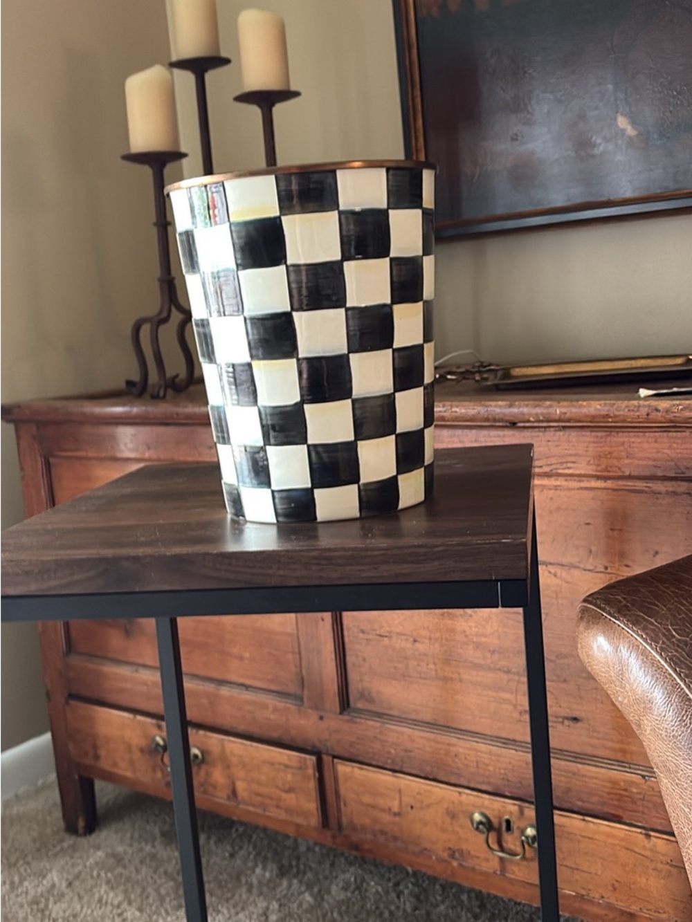 MacKenzie-Childs Black and Cream Checkered Ceramic Bin with Gold Rim